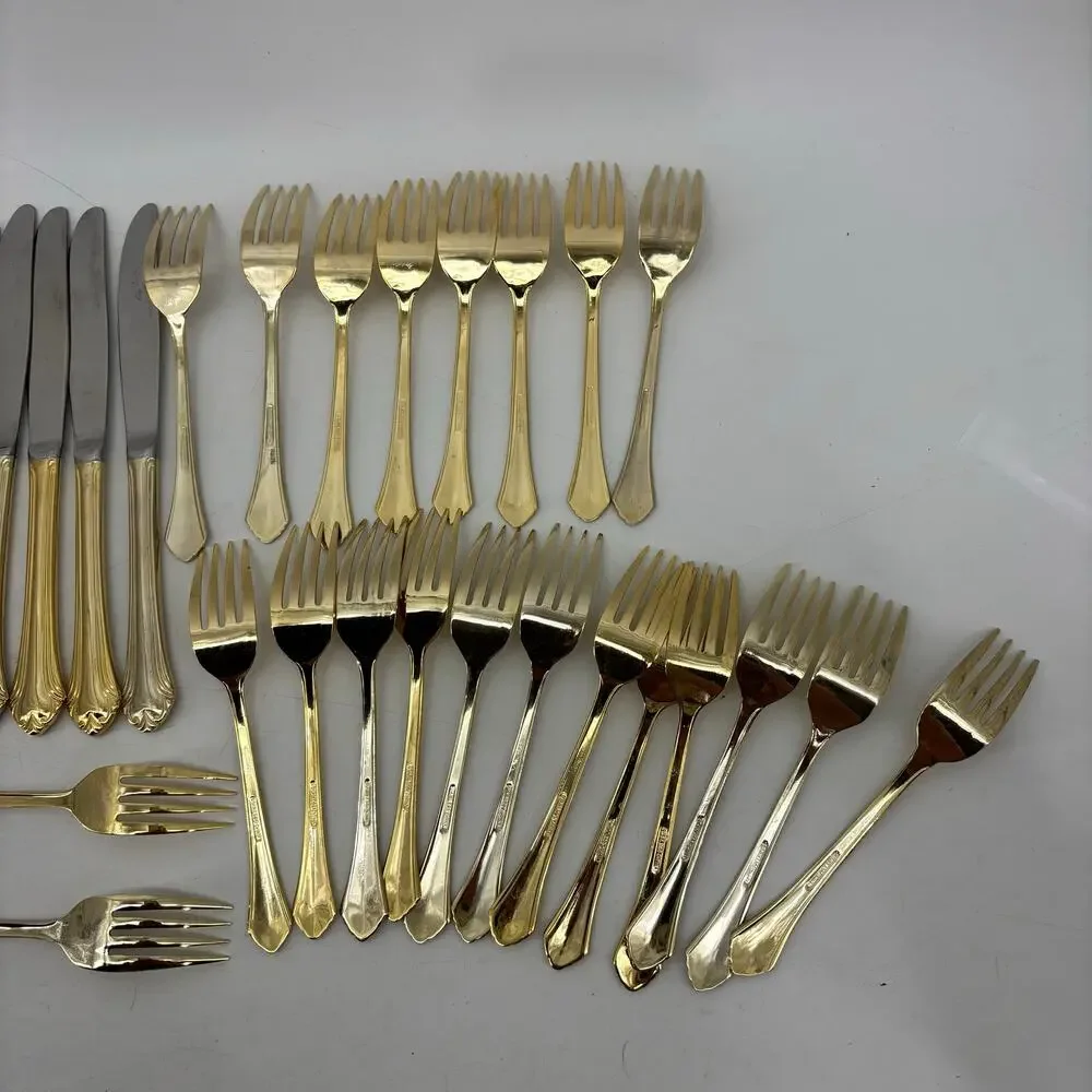 Gold Tone Flatware Stainless Fork Hollywood Regency 53 Pieces Vintage